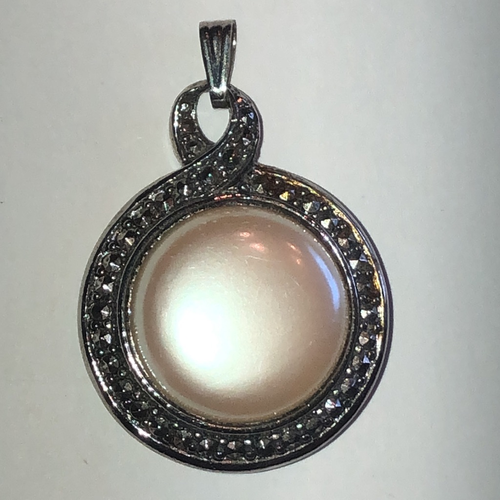 Silver Tone Faux Pearl Marcasite Reversible Halo Pendant